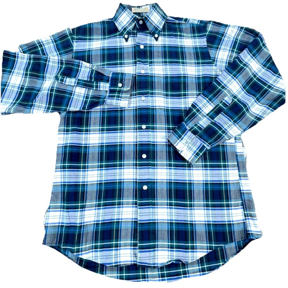 LL Bean Shirt Men 15.5 35 Large Blue Plaid Button Up Oxford Dress Medium VTG 90s